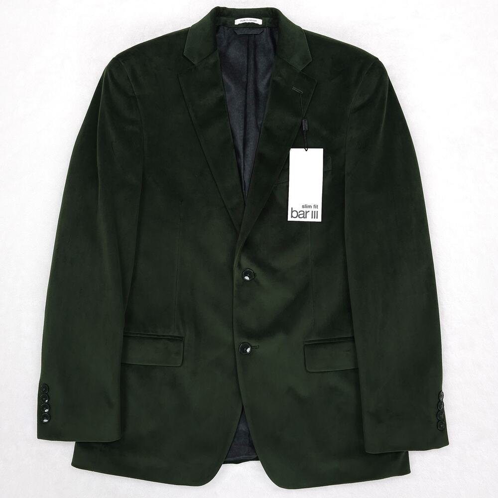 Bar III Mens Slim Fit Velvet Sport Coat Blazer 40R Green Solid NWT